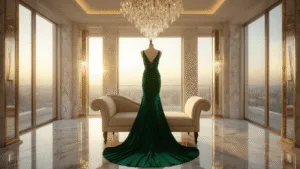 A luxurious penthouse dressing room with a draped emerald silk gown on a cream chaise lounge, featuring floor-to-ceiling windows, a crystal chandelier, and marble floors, all illuminated by warm golden hour light.