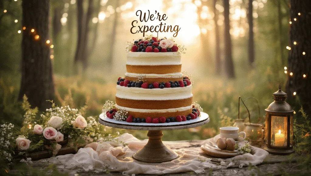 Photorealistic image of a 3-tiered naked cake with vanilla and chocolate layers, adorned with fresh berries and flowers, set in an ethereal forest clearing at golden hour with twinkling fairy lights and antique lanterns, conveying a pregnancy announcement celebration.