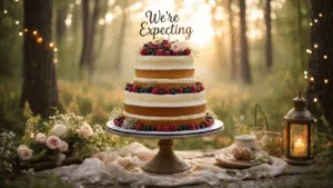 Sweet Surprise: How to Create the Perfect Pregnancy Announcement Cake Photorealistic image of a 3-tiered naked cake with vanilla and chocolate layers, adorned with fresh berries and flowers, set in an ethereal forest clearing at golden hour with twinkling fairy lights and antique lanterns, conveying a pregnancy announcement celebration.