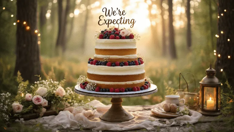 Photorealistic image of a 3-tiered naked cake with vanilla and chocolate layers, adorned with fresh berries and flowers, set in an ethereal forest clearing at golden hour with twinkling fairy lights and antique lanterns, conveying a pregnancy announcement celebration.