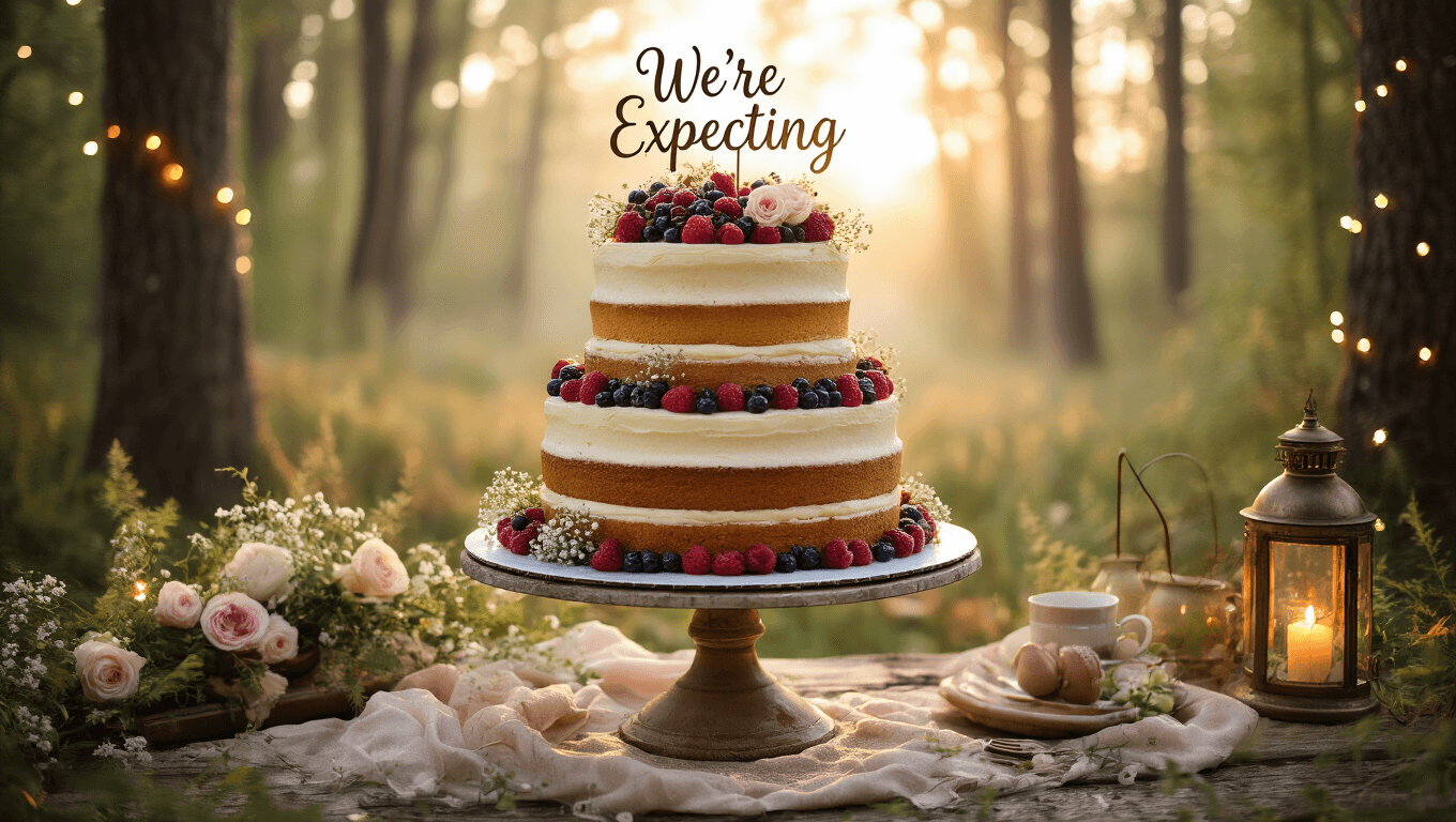 Photorealistic image of a 3-tiered naked cake with vanilla and chocolate layers, adorned with fresh berries and flowers, set in an ethereal forest clearing at golden hour with twinkling fairy lights and antique lanterns, conveying a pregnancy announcement celebration.