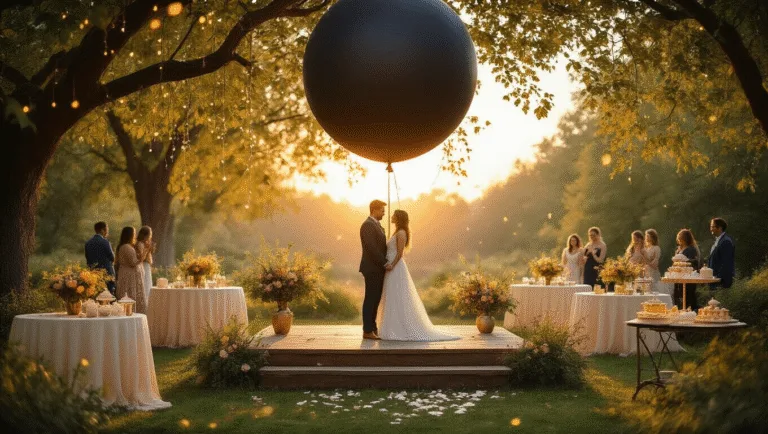 A couple stands on a wooden platform in a golden hour garden party, beneath a black balloon; tables are adorned with wildflowers, and a vintage dessert cart displays gender-themed treats, while guests await the reveal in a softly lit, ethereal atmosphere.