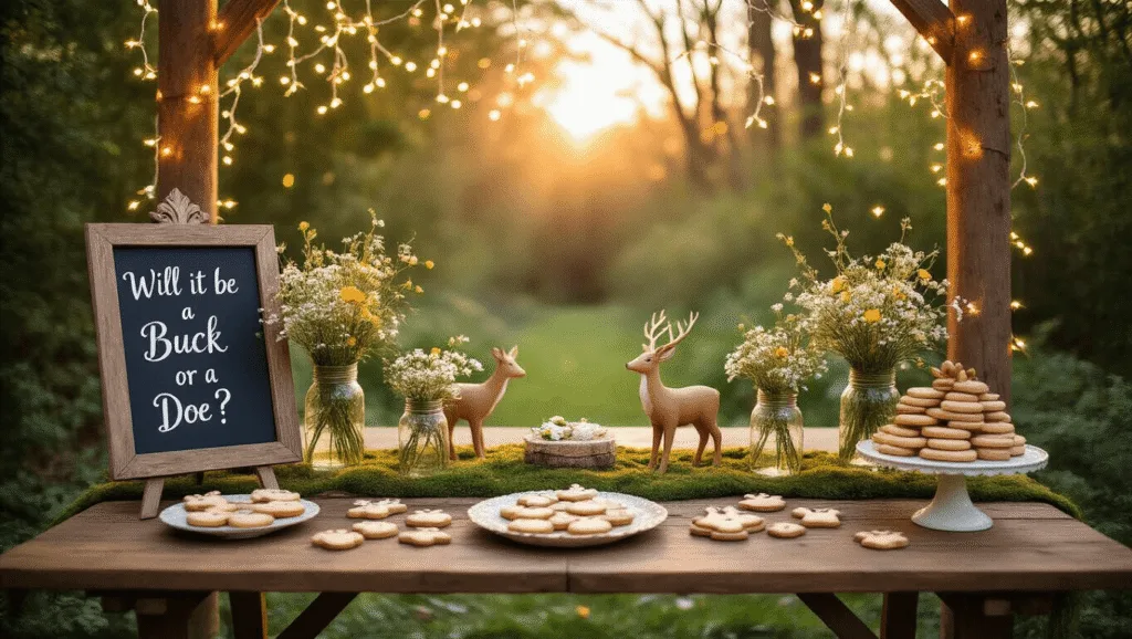 A whimsical gender reveal party setup in a lush garden, featuring a rustic wooden harvest table adorned with wildflower centerpieces in mason jars, twinkling fairy lights overhead, and a chalkboard sign reading "Will it be a buck or a doe?" The scene includes artisanal deer-shaped cookies, vintage lanterns, and soft dappled sunlight filtering through tree branches.