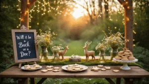 25 Unforgettable Gender Reveal Theme Ideas: From Cute to Crazy! A whimsical gender reveal party setup in a lush garden, featuring a rustic wooden harvest table adorned with wildflower centerpieces in mason jars, twinkling fairy lights overhead, and a chalkboard sign reading "Will it be a buck or a doe?" The scene includes artisanal deer-shaped cookies, vintage lanterns, and soft dappled sunlight filtering through tree branches.