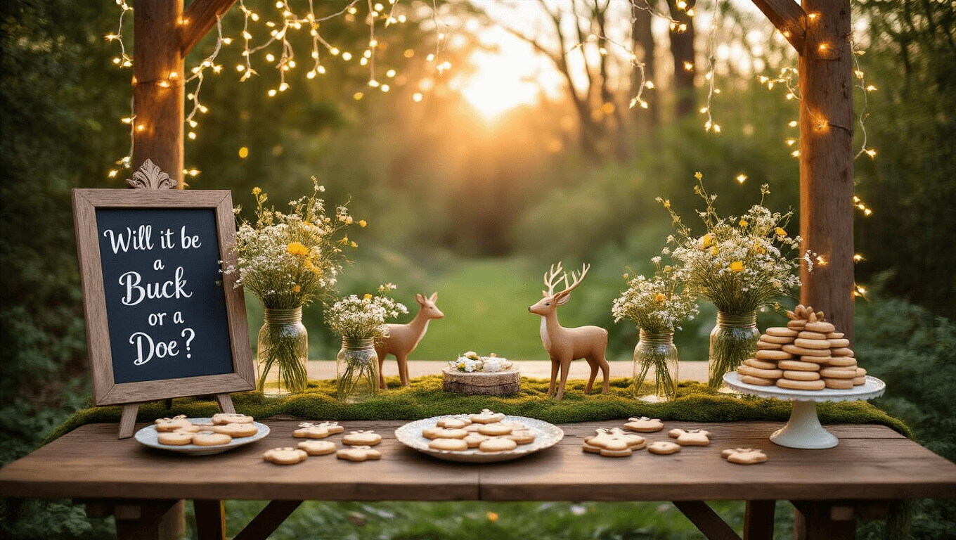 A whimsical gender reveal party setup in a lush garden, featuring a rustic wooden harvest table adorned with wildflower centerpieces in mason jars, twinkling fairy lights overhead, and a chalkboard sign reading "Will it be a buck or a doe?" The scene includes artisanal deer-shaped cookies, vintage lanterns, and soft dappled sunlight filtering through tree branches.
