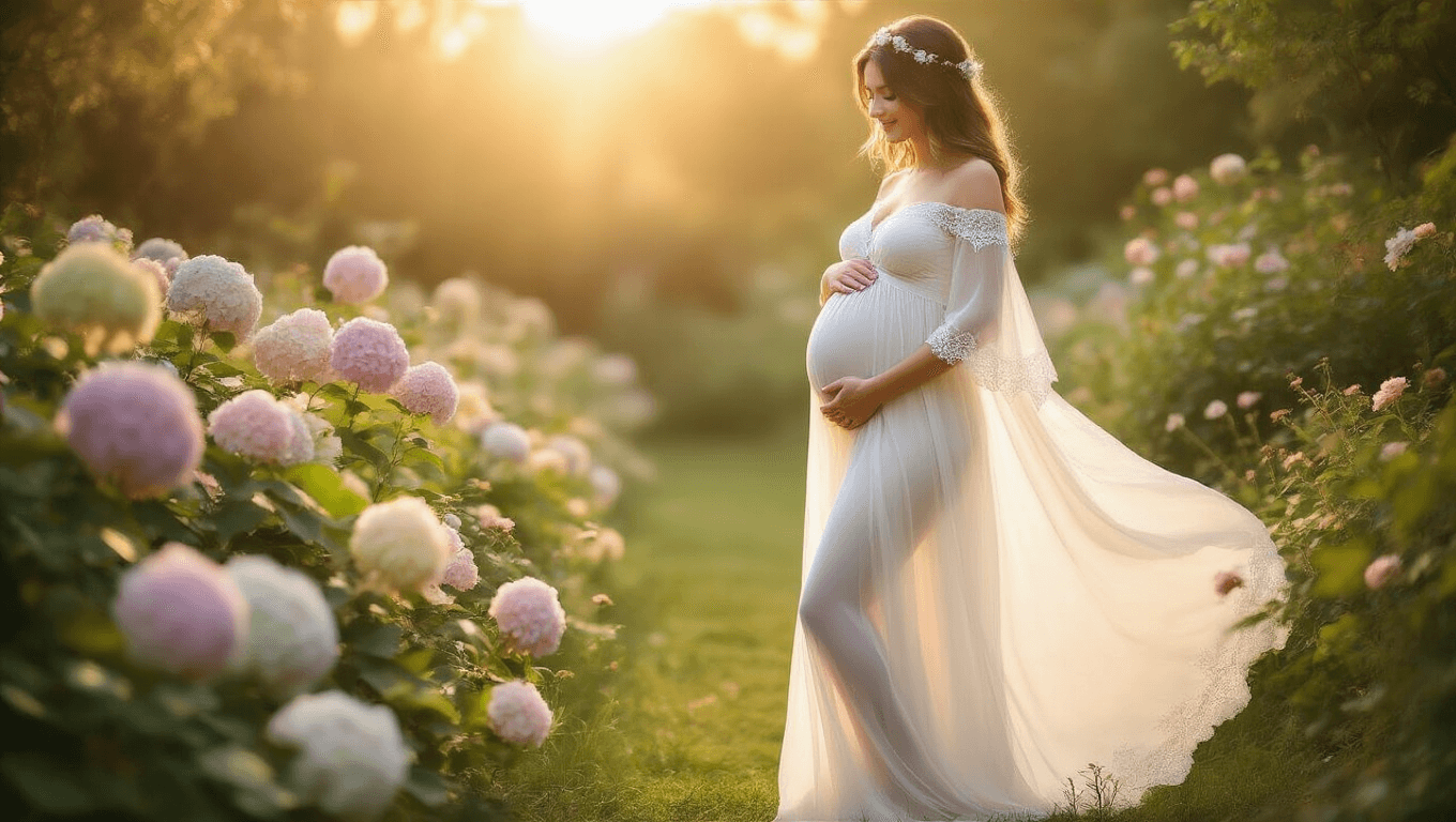 A pregnant woman in an ethereal white chiffon dress stands in a sunlit garden, surrounded by pastel blooms, with a warm glow enveloping her silhouette.