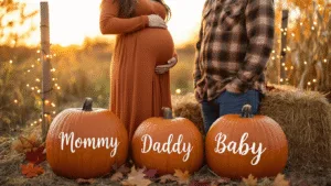 A warm-toned photograph of an expectant couple in a pumpkin patch during golden hour, featuring carved pumpkins labeled "Mommy," "Daddy," and "Baby," with soft fairy lights creating a magical atmosphere, surrounded by autumn leaves and hay bales.