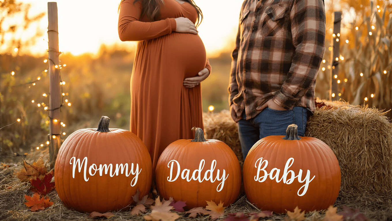 A warm-toned photograph of an expectant couple in a pumpkin patch during golden hour, featuring carved pumpkins labeled "Mommy," "Daddy," and "Baby," with soft fairy lights creating a magical atmosphere, surrounded by autumn leaves and hay bales.