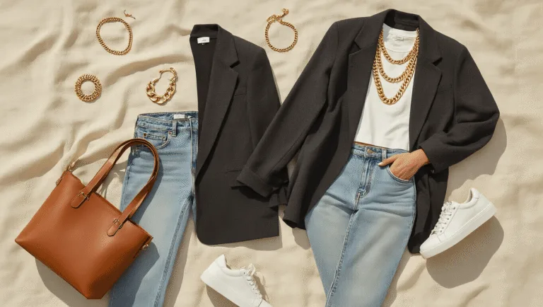 High-angle flatlay of an oversized charcoal blazer, white cropped tee, light wash straight-leg jeans, and white platform sneakers on a cream textured linen background, adorned with chunky gold jewelry and a cognac brown leather tote.