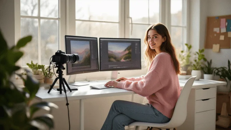 A young female content creator in a sunlit modern studio, wearing a pastel pink oversized sweater, sitting at a white desk with dual monitors, surrounded by a professional camera setup and an inspiration board, bathed in soft morning light.