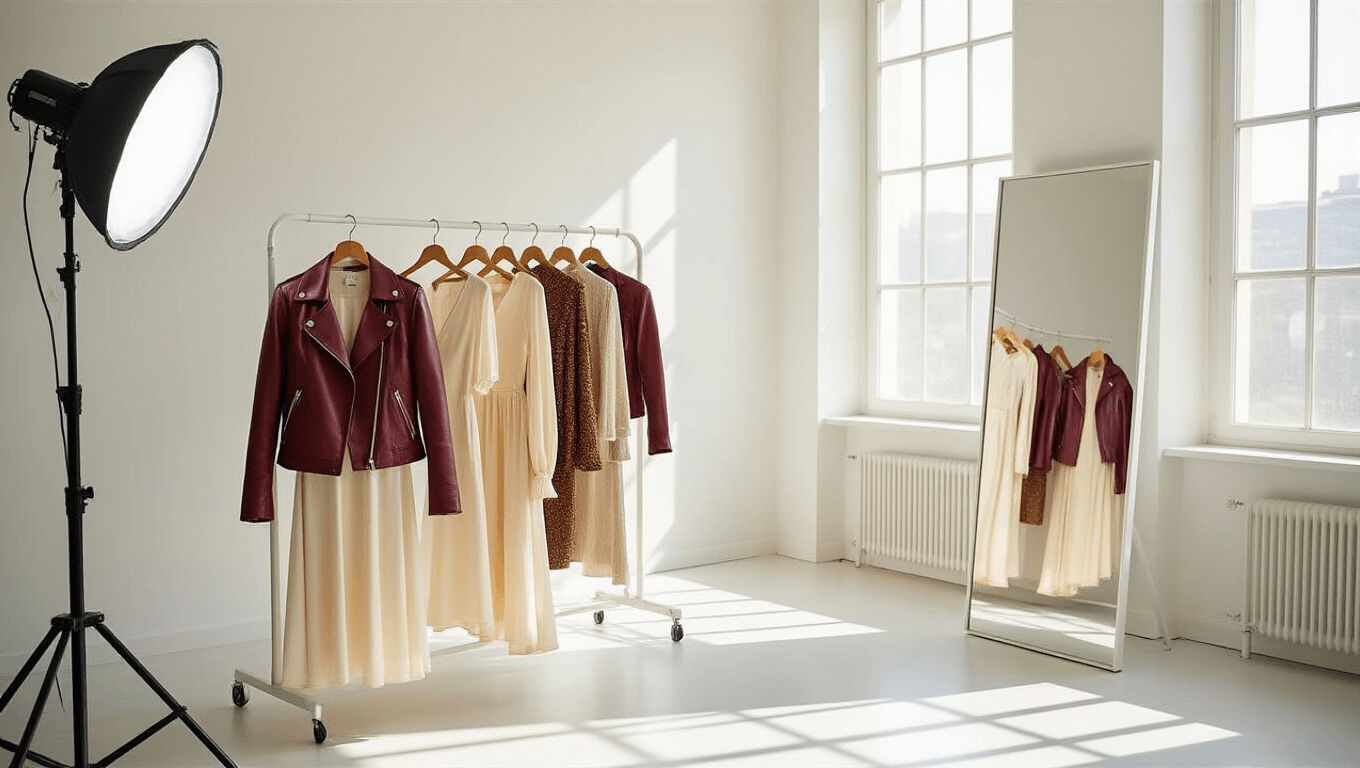 A bright fashion studio with a curated rack of layered outfits, including a cream silk dress, burgundy leather jacket, and gold accessories, complemented by natural light, clean white walls, and professional lighting, featuring a full-length mirror.