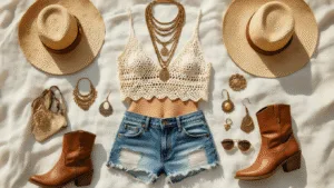 A flatlay of festival fashion essentials including a cream crochet crop top, distressed denim shorts, brown leather boots, layered gold necklaces, face gems, metallic temporary tattoos, and a wide-brim straw hat, arranged on white linen with warm natural lighting and soft shadows.