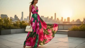 A fashion model poses on a rooftop garden in a vibrant fuchsia and emerald green maxi dress adorned with tropical floral prints, styled with minimal gold jewelry and a cream leather handbag, against a soft bokeh city skyline during golden hour.