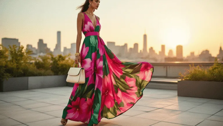 A fashion model poses on a rooftop garden in a vibrant fuchsia and emerald green maxi dress adorned with tropical floral prints, styled with minimal gold jewelry and a cream leather handbag, against a soft bokeh city skyline during golden hour.