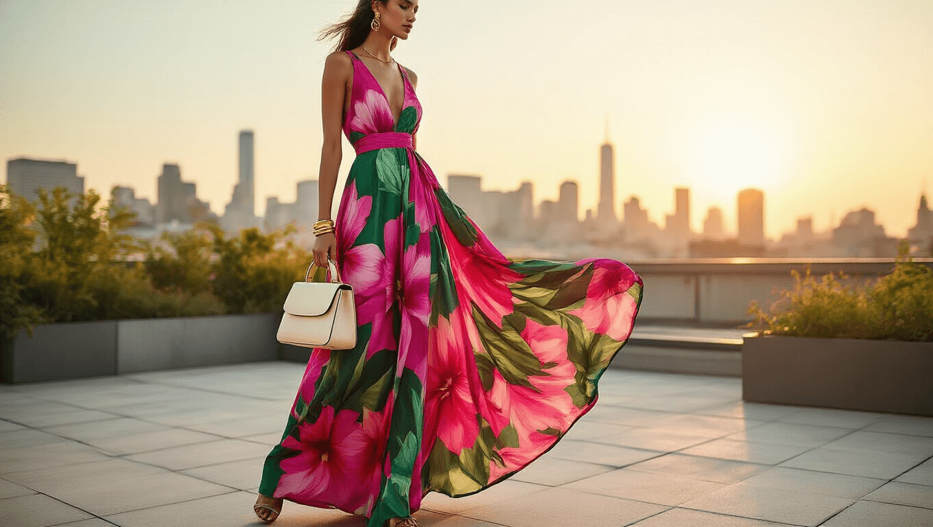A fashion model poses on a rooftop garden in a vibrant fuchsia and emerald green maxi dress adorned with tropical floral prints, styled with minimal gold jewelry and a cream leather handbag, against a soft bokeh city skyline during golden hour.