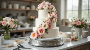 Photorealistic image of a three-tiered white wedding cake adorned with fresh blush pink, cream, and dusty rose flowers on an ornate silver stand, set in a professional bakery studio with natural lighting and organized decorating tools.