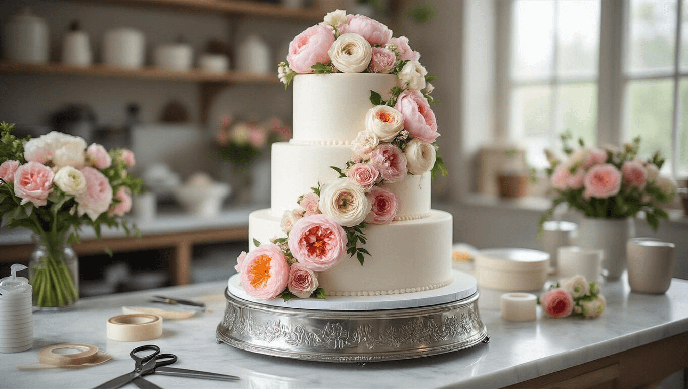 Photorealistic image of a three-tiered white wedding cake adorned with fresh blush pink, cream, and dusty rose flowers on an ornate silver stand, set in a professional bakery studio with natural lighting and organized decorating tools.