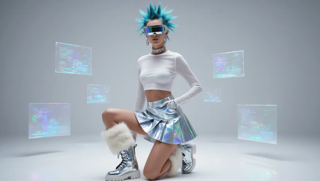 A model in a metallic silver mini skirt with holographic overlay and a white crop top, paired with pearl white combat boots and fur leg warmers, styled with spiky cyber buns and chrome makeup, is posed against a minimalist white background with subtle prismatic lighting and floating holographic screens.