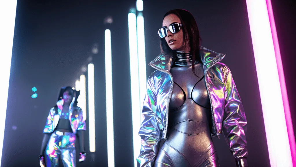 A futuristic fashion model in a silver metallic bodysuit paired with a holographic jacket and chrome accessories, illuminated by vibrant neon lights in a cyberpunk studio setting.