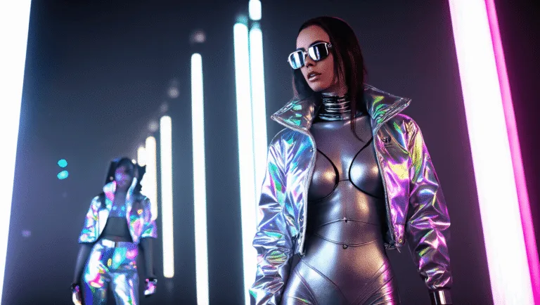 A futuristic fashion model in a silver metallic bodysuit paired with a holographic jacket and chrome accessories, illuminated by vibrant neon lights in a cyberpunk studio setting.