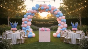 A whimsical garden party setup for a gender reveal celebration, featuring a grand balloon arch in ombré shades of powder blue and blush pink, lush greenery, elegantly arranged tables with floral centerpieces, a large reveal box, and a vintage dessert cart with a beautifully decorated cake and cupcakes, all illuminated by fairy lights in a dreamy golden hour setting.
