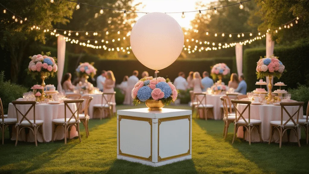 A luxurious gender reveal party in a garden at sunset, featuring a white balloon box with gold trim, elegant floral centerpieces, and guests in pastel attire, all illuminated by string lights and golden sunlight.
