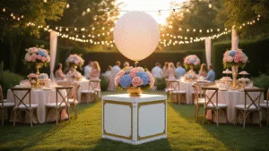 A luxurious gender reveal party in a garden at sunset, featuring a white balloon box with gold trim, elegant floral centerpieces, and guests in pastel attire, all illuminated by string lights and golden sunlight.