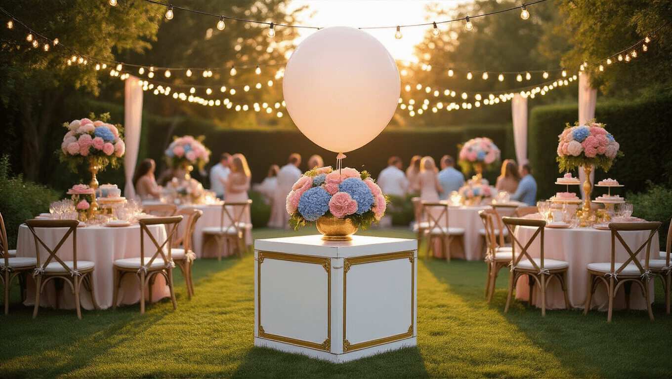 A luxurious gender reveal party in a garden at sunset, featuring a white balloon box with gold trim, elegant floral centerpieces, and guests in pastel attire, all illuminated by string lights and golden sunlight.