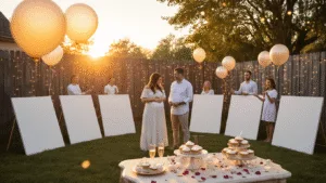 A backyard gender reveal party at golden hour, featuring expectant parents and guests in white clothing, surrounded by paint-filled balloons and white canvases, with a rustic fence adorned with fairy lights, all set against a dreamy sunset backdrop.