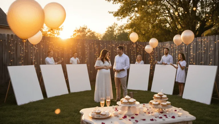 A backyard gender reveal party at golden hour, featuring expectant parents and guests in white clothing, surrounded by paint-filled balloons and white canvases, with a rustic fence adorned with fairy lights, all set against a dreamy sunset backdrop.