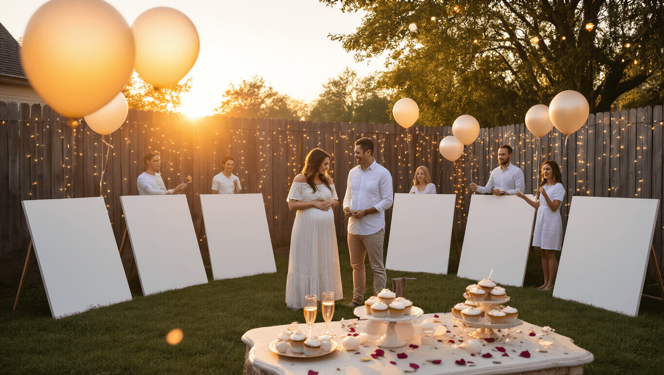 A backyard gender reveal party at golden hour, featuring expectant parents and guests in white clothing, surrounded by paint-filled balloons and white canvases, with a rustic fence adorned with fairy lights, all set against a dreamy sunset backdrop.