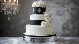 Photorealistic black and white four-tier wedding cake with geometric patterns and sugar flowers on a mirrored pedestal, featuring intricate detailing and moody studio lighting.