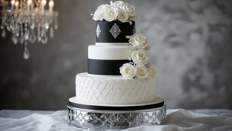 Photorealistic black and white four-tier wedding cake with geometric patterns and sugar flowers on a mirrored pedestal, featuring intricate detailing and moody studio lighting.