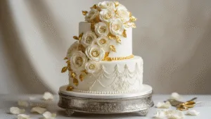 Photorealistic image of a three-tiered wedding anniversary cake on a silver pedestal, adorned with gold leaf, cream roses, and royal icing patterns, set against a soft-focus background, with champagne flutes and a "50th Anniversary" topper.