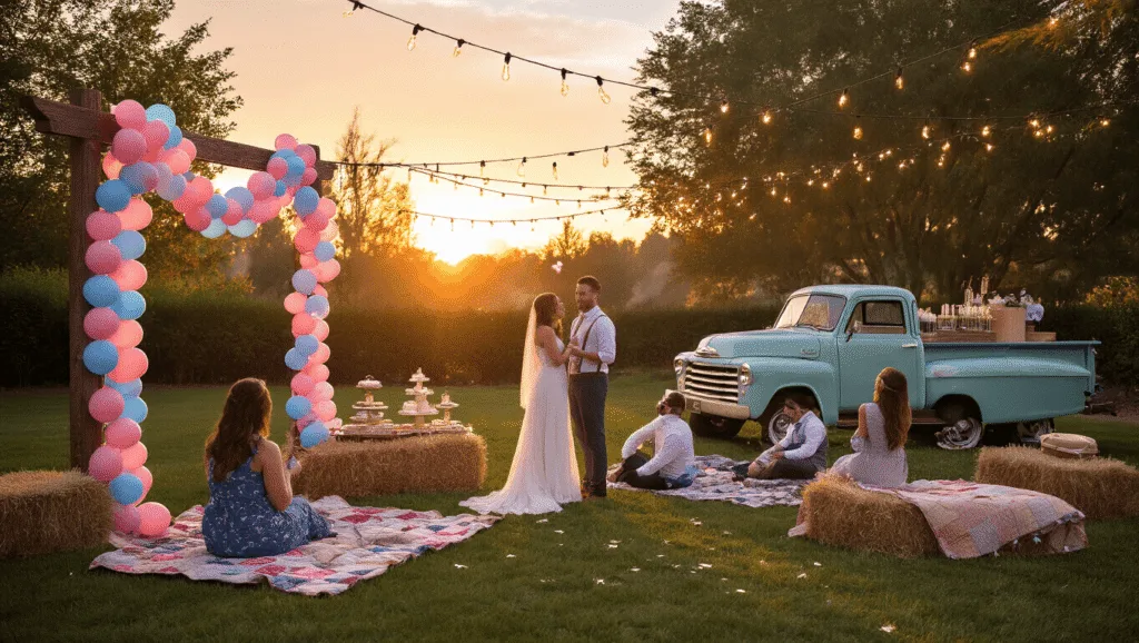 A dreamy backyard gender reveal party at golden hour, featuring a rustic wooden arch with pink and blue balloon garlands, vintage quilts and hay bales, a restored vintage pickup truck dessert station, and a couple ready with confetti cannons, all bathed in warm sunset light and surrounded by guests.