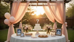 Gender Reveal Party Gifts: A Comprehensive Guide for Thoughtful Guests Elegant backyard gender reveal party setup at golden hour, featuring a rustic pergola draped in chiffon, round tables with floral centerpieces, pastel balloons, a vintage dessert cart, glowing string lights, and ultrasound photos.