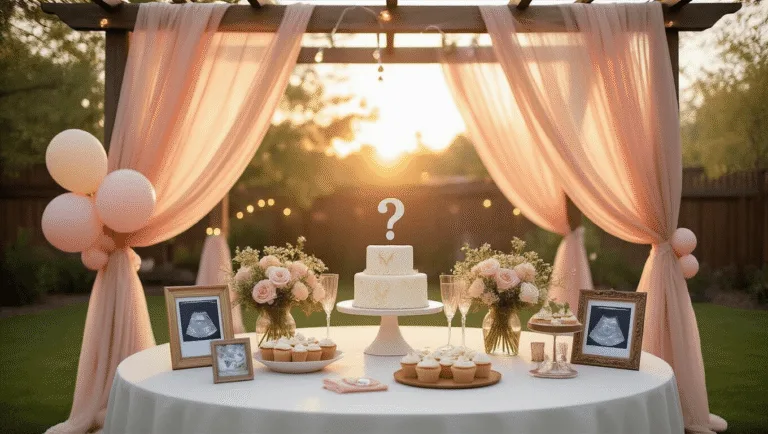 Elegant backyard gender reveal party setup at golden hour, featuring a rustic pergola draped in chiffon, round tables with floral centerpieces, pastel balloons, a vintage dessert cart, glowing string lights, and ultrasound photos.