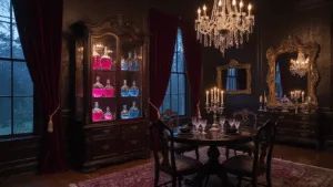 A dimly lit Victorian parlor at dusk with a grand curiosity cabinet displaying pink and blue potion bottles, rich burgundy curtains, and an elegantly set dining table, populated by guests in Gothic attire.