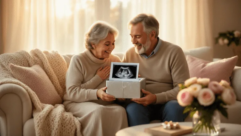 An elderly couple emotionally reacts while opening a silver-wrapped gift box revealing a framed ultrasound photo, surrounded by a warm, softly lit living room filled with cozy decor and natural sunlight.