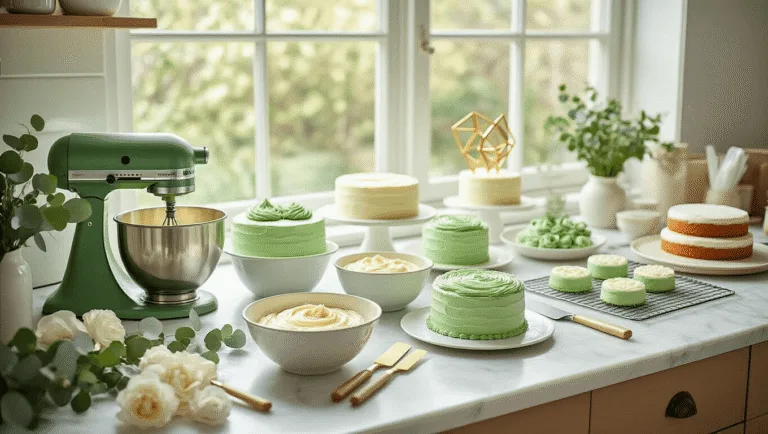Photorealistic bakery workspace with marble countertop and gradient green buttercream frosting, featuring a KitchenAid mixer with cake batter, gold leaf, eucalyptus sprigs, sugar flowers, and pristine white cake layers. Soft natural light and shallow depth of field enhance the high-end editorial style.