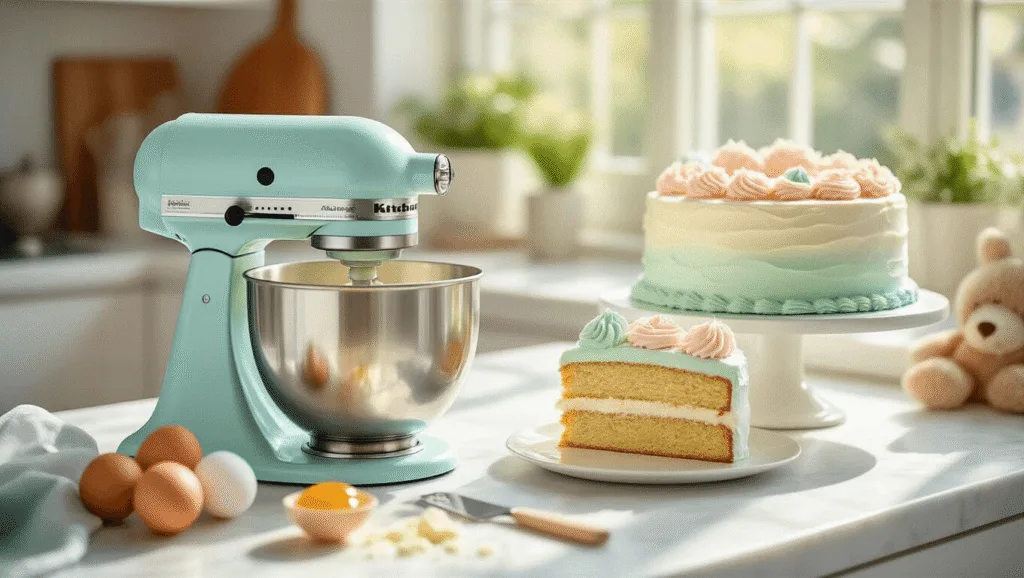 A beautifully styled kitchen scene featuring a pastel blue KitchenAid mixer preparing a 6-inch round half birthday cake, with creamy butter and sugar in the foreground, and a decorated cake with pastel frosting, a teddy bear topper, and a "1/2" candle in the background, illuminated by natural sunlight.