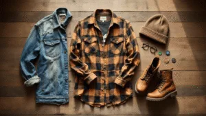 A flat lay of hipster fashion items, including distressed denim, an oversized earth-toned flannel shirt, a vintage band tee, and worn leather combat boots, set on weathered wooden flooring with morning sunlight creating a warm ambiance. Accessories like a slouchy beanie, round wire-frame glasses, and enamel pins are included, all captured from above.