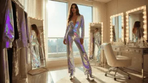 A model poses in a holographic sequined jumpsuit and silver platform boots in a sunlit penthouse dressing room, surrounded by racks of metallic clothing and a glamorous vanity, with warm lighting enhancing the iridescent textures.