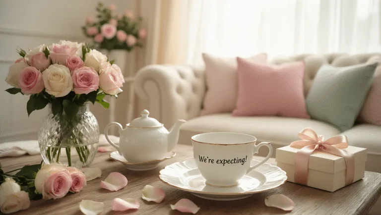 A cozy living room scene in soft morning light features a breakfast table for two, showcasing a white plate with "We're Expecting!" message, a delicate teapot, roses in a crystal vase, scattered rose petals, and a gift box with a silk ribbon, all styled in a cottagecore aesthetic.