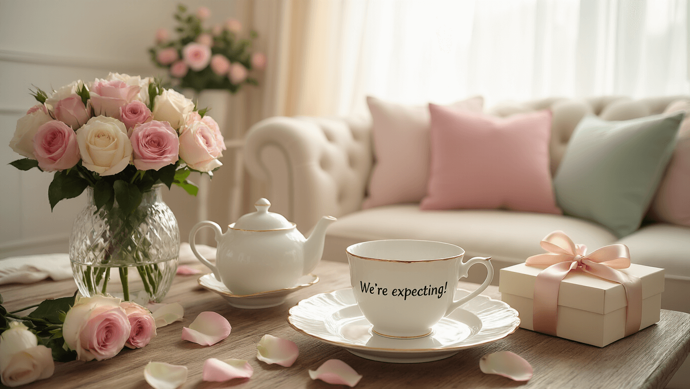 A cozy living room scene in soft morning light features a breakfast table for two, showcasing a white plate with "We're Expecting!" message, a delicate teapot, roses in a crystal vase, scattered rose petals, and a gift box with a silk ribbon, all styled in a cottagecore aesthetic.