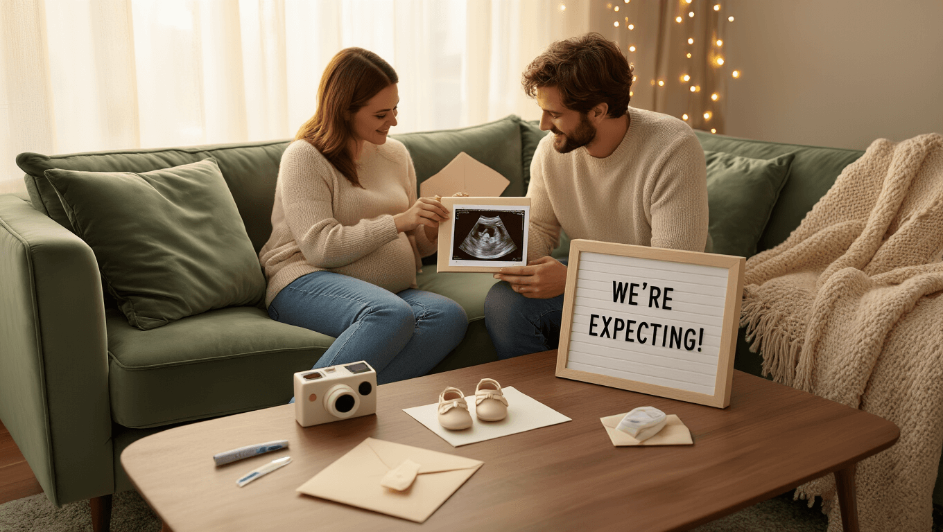 A cozy living room scene at golden hour with a couple on a plush sage velvet sofa, the woman holding a gift box with tiny baby shoes. An ultrasound photo and a letterboard reading "We're Expecting!" are on the coffee table, surrounded by twinkling fairy lights and soft textures.
