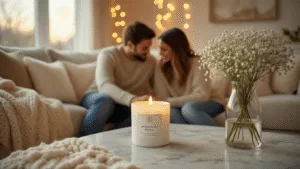 A cozy living room scene at golden hour featuring a young couple on a plush cream velvet sofa, leaning toward a glowing white reveal candle. The space is adorned with neutral-toned throw pillows, a knit blanket, and a soft shag rug, with fairy lights in the background creating a dreamy bokeh effect. A clear vase of baby's breath adds a delicate touch, all bathed in warm sunlight streaming through sheer curtains.