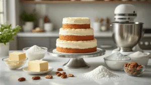 Classic Italian Wedding Cake: A Decadent Celebration Dessert Photorealistic image of an Italian wedding cake assembly in a sunlit professional kitchen, featuring a three-tiered cake with cream cheese frosting on a silver stand, surrounded by fresh ingredients like softened cream cheese, powdered sugar, pecans, and coconut shavings, with a KitchenAid mixer blurred in the background.
