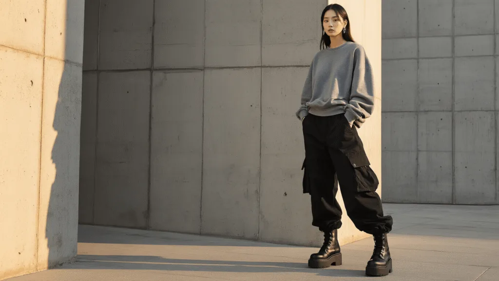 Fashion model in oversized black cargo pants and layered gray sweatshirt, set against an urban concrete backdrop during golden hour, accessorized with minimalist silver jewelry and platform boots, capturing a moody, contemporary aesthetic with neutral tones.