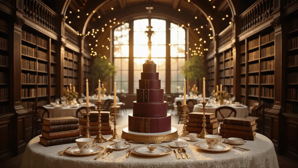 A sun-drenched library-inspired party space with mahogany bookshelves, layered tablescape featuring vintage books, antique candlesticks, and delicate tea sets, cozy reading nooks, and a whimsical cake designed as stacked books, all illuminated by warm fairy lights.